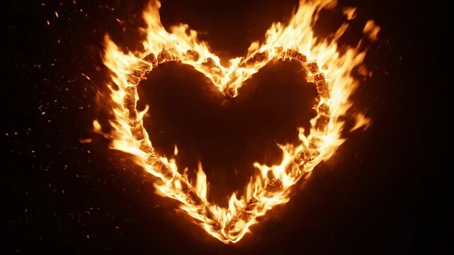 Blazing Heart of Fire burning with intense orange flames against a black background ideal for romantic themes or dramatic visual effects.