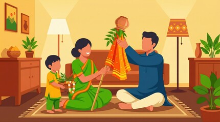 Fototapeta premium Happy family with Gudi decoration inside room in flat illustration style. Representation of Hindu New Year and cultural bonding moment.