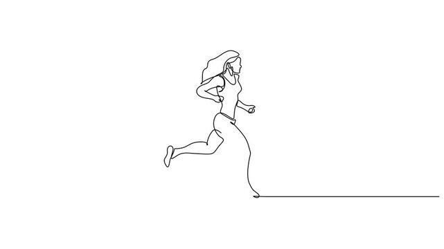 Animation of one line drawing of young energetic woman runner focus to run fast. Healthy sport training concept. Animated self drawing female athlete starting to sprint