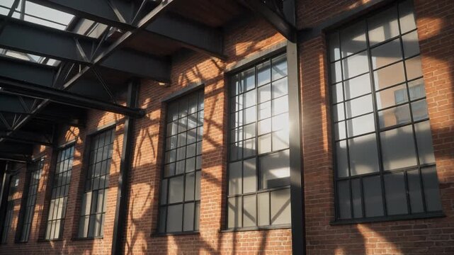 Sunlit Modern Industrial Building Interior with Brick Walls, Large Windows, and Steel Trusses