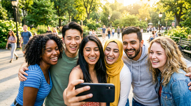 Grupo de amigos sonriendo mientras se hacen un selfie al aire libre, capturando un momento espont&aacute;neo y alegre.