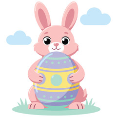 Fototapeta premium Cute pink easter bunny holding a large decorated egg with clouds and grass.