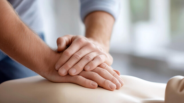 Close-up of faceless hands performing chest compressions on a CPR training dummy, lifesaving techniques and first aid demonstration concept, defocused background, with copy space