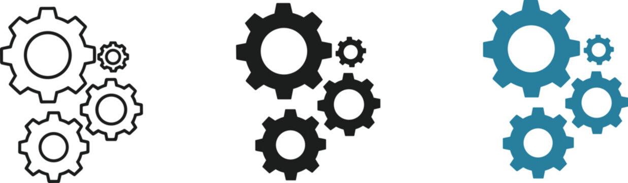 Gears and Cog Wheels Vector Icon Set Featuring Outline Black Silhouette and Blue Mechanical Symbols for Industry Business and Technology