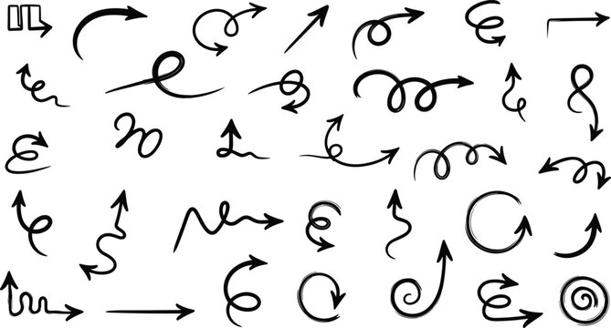 Large Set of Hand Drawn Doodle Arrow Icons with Swirls Loops and Curved Lines for Creative Directional Navigation and Flowcharts