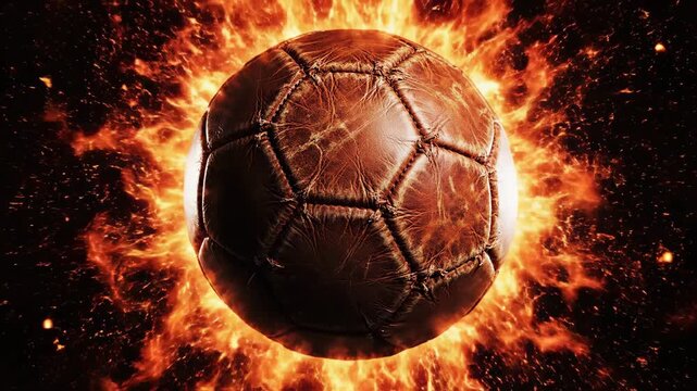 Intense Flaming Soccer Ball featuring vintage leather texture on a black background for sports marketing and cinematic intros.