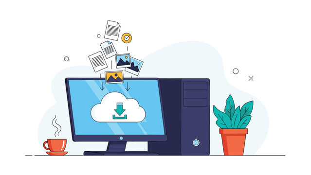 Desktop computer showing a cloud download icon with various document and image files floating towards it for cloud storage service.