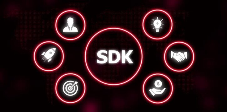 SDK Business Concept Icons Arranged Around Central Text on Dark Dotted World Map Background startup