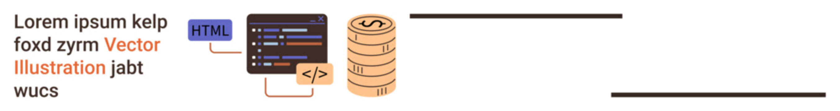 Web development, programming, database management, financial technology, coding, data flow. HTML code and data coins illustrate coding and storage interaction. Web development and programming concept
