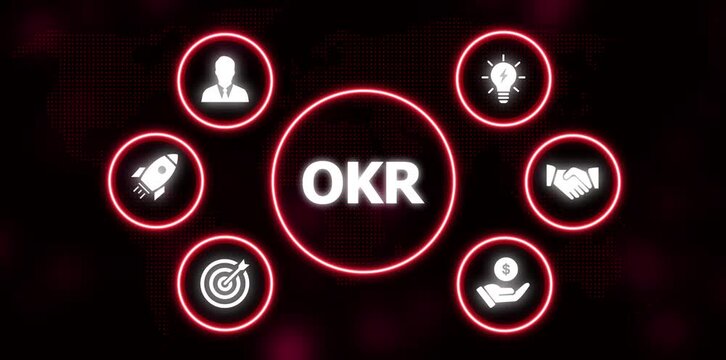 OKR Business Concept Icons Arranged Around Central Text on Dark Dotted World Map Background startup