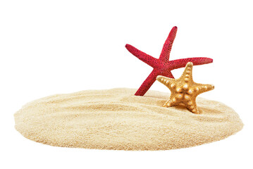 Naklejka premium Minimal Starfish Composition on Sand with Copy Space. Clean minimal scene with starfish on sand isolated on white background. Ideal for summer advertising, travel themes, and design layouts.