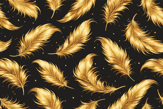 Gold Feather Seamless Pattern on Black