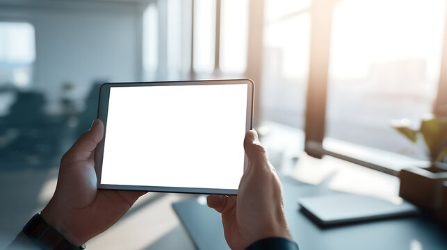 Hands hold device with blank screen, digital tablet in office, sunlit background, template for app display, copy space, modern tech concept