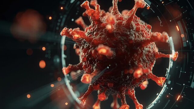 A detailed microscopic view of a red virus cell being scanned by a futuristic interface. Scientific research, virology, biotechnology
