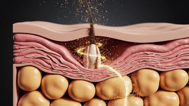 3D Illustration of Hair Follicle Anatomy with Serum Action and Human Skin Layers for Medical and Cosmetic Treatment Concept