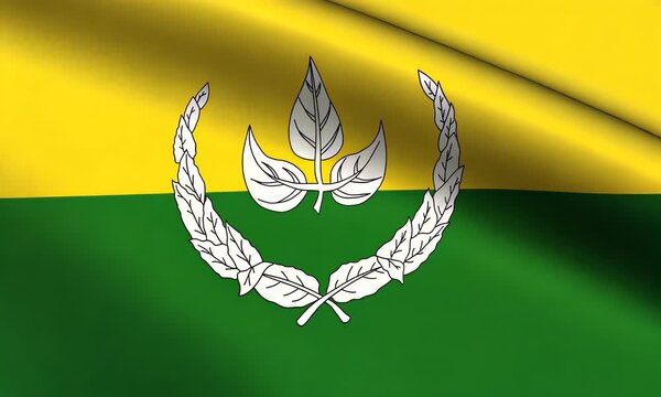 Flag of Wali Negara of East Sumatra featuring a crest with leaves and laurel wreaths waving in the wind.
