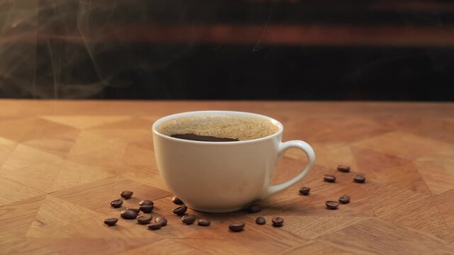 Black coffee in white cup on wooden table, dark cafe background