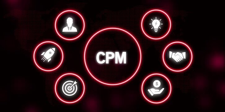 CPM acronym with business icons in red circles on a dark world map background cost per mille cost per thousand