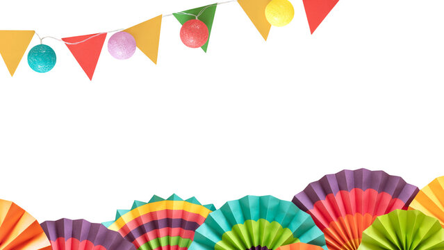 Isolated Colorful Paper Fans And Paper Flags On Transparent Background. Concept of Festive Event Design, Birthday Celebration Template, Carnival Party Invitation And Holiday Social Media Visual