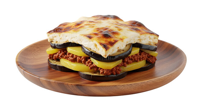 Greek moussaka served on a plate on a wooden plate. Layers of eggplants, potatoes, minced meat and bechamel, isolated on white or transparent background. PNG