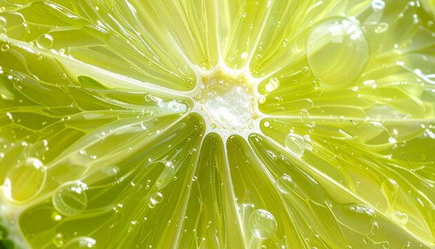 Close up of a vibrant lime slice with water droplets macro view