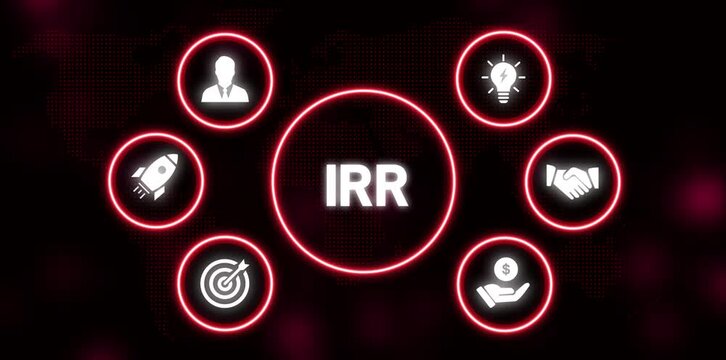 IR concept with business icons in glowing circles on dark world map background Internal Rate of Return