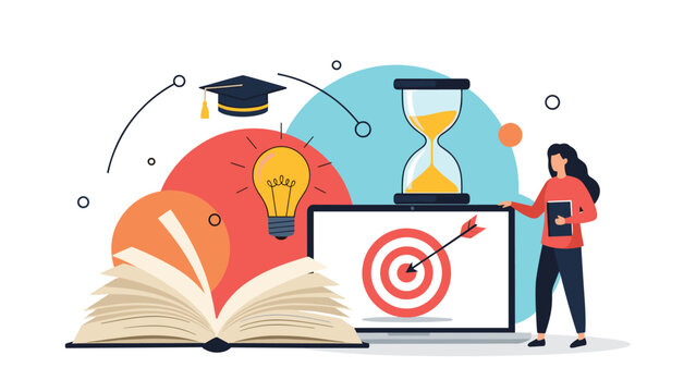 Education and learning goals illustration featuring open book, student, knowledge lightbulb, time management hourglass, and target.