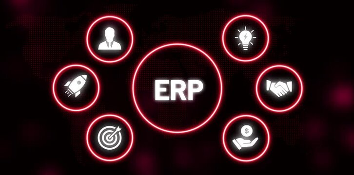 ERP concept with business icons in glowing circles on dark world map background Enterprise Resource Planning