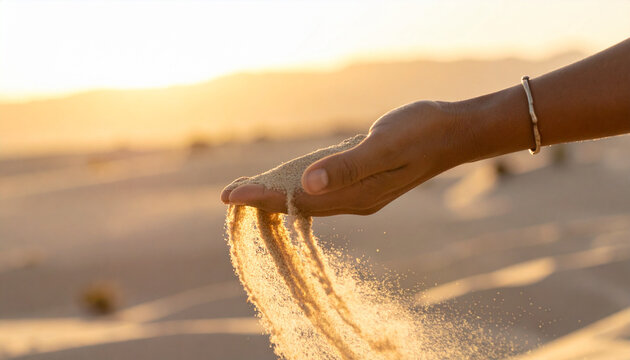 Hand releasing sand outdoors against a blurred background during golden hour
