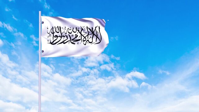 Flag of Taliban Waving in the wind, blue sky with clouds Background, Slow Motion, Realistic Animation, 4K