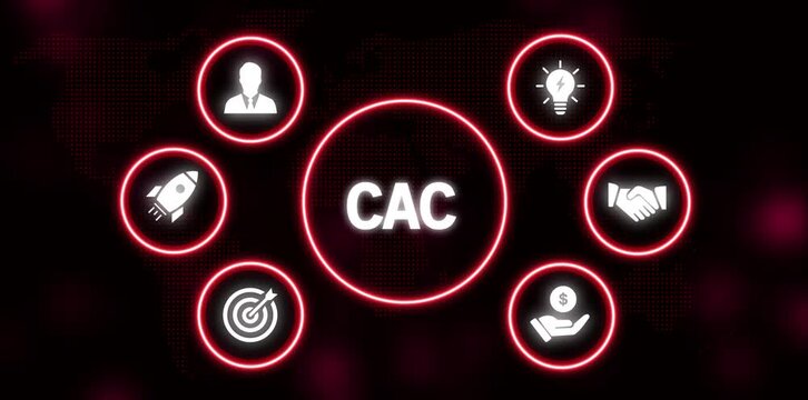 CAC concept with icons for business growth and success on a dark world map background customer acquisition cost