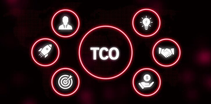 TCO concept with icons for business growth and success on a dark world map background total cost of ownership