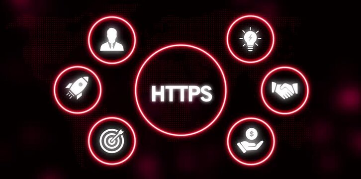 HTPS security protocol concept with glowing red circles and business icons on a dark digital world map background