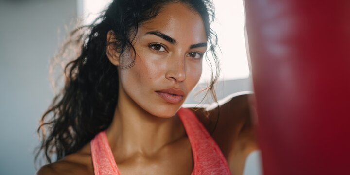 Female asian young boxer closeup poised expression training at gym beside red punching bag