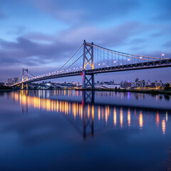Obraz premium Iconic Bridge Reflected in Calm River at Dusk