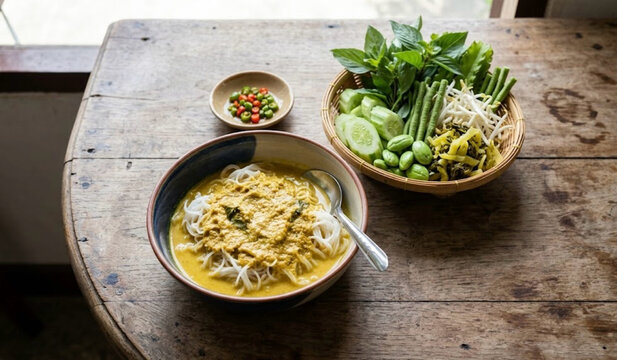 Southern Thai rice noodles with spicy fish curry sauce served with fresh vegetables on a rustic wooden table. Authentic traditional Thai cuisine.