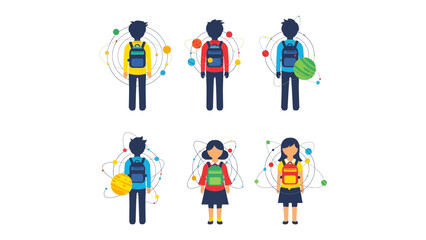 Fototapeta premium School Time Ready: Vector illustration of school kids, each showcasing different colored bags with science concept decoration. They're all geared up to embark on their learning journey.