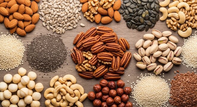 A diverse assortment of nuts is arranged on a dark wooden surface. The nuts include almonds, sunflower seeds, pecans, walnuts, cashews, pistachios, chia seeds, hazelnuts, and pumpkin seeds.