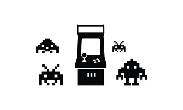 Classic arcade game featuring pixelated alien invaders and an arcade cabinet