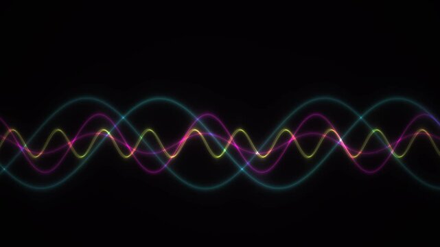 Vibrant, multicolored wavy lines intersect on an abstract background against a stark black and white backdrop.