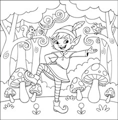 Obraz premium Coloring page of a cheerful elf with striped stockings in a mushroom forest