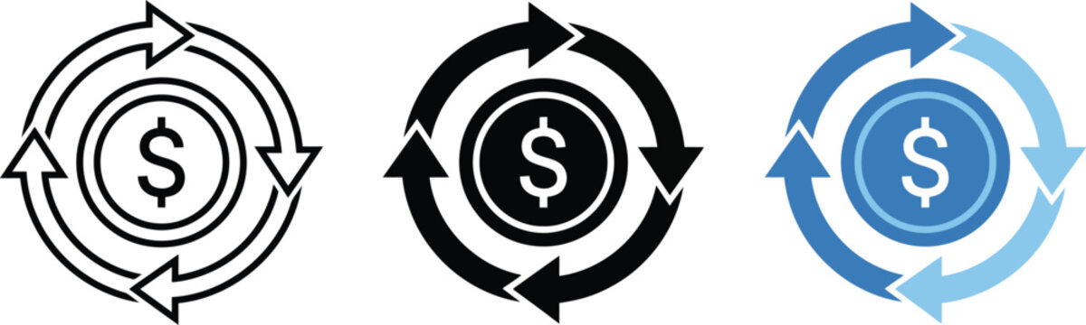 Set of money exchange and refund icons featuring dollar coin and circular arrows in line art and blue flat design