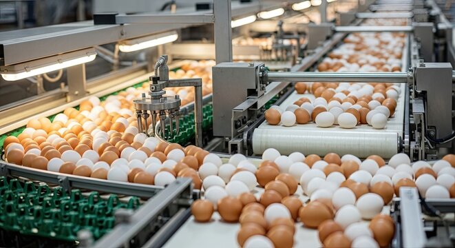 A conveyor belt system processes a large quantity of eggs in a food processing plant. Robotic arms and automated machinery handle the eggs, moving them along the track.