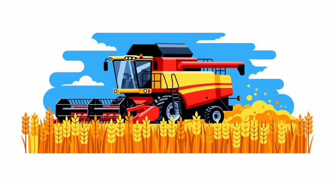 Red and Yellow Combine Harvester Machine.