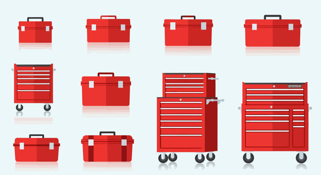 Red metal toolboxes and chests on wheels.