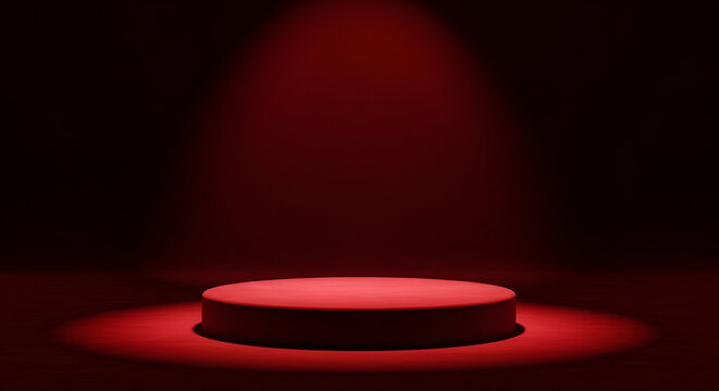 A red spotlight shines on a circular platform in a dark room