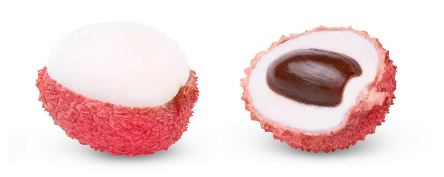 Lychees halves collection, set. Pink juicy lychee cut in a half with seed and peeled half of lychee isolated.
