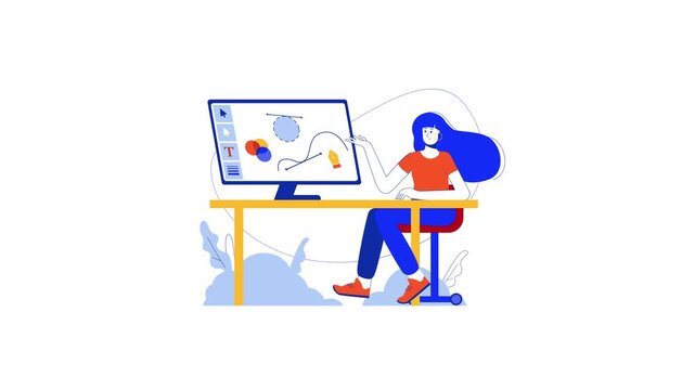 Animated graphic designer editing vector shapes on computer at desk