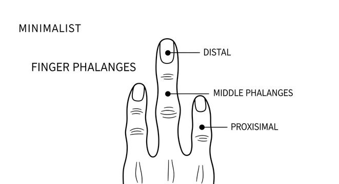 Minimalist hand anatomy diagram showing finger phalanges with labels for distal, middle, and proximal bones