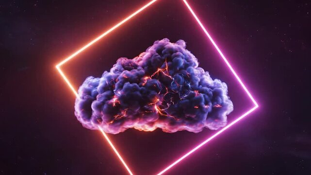 Futuristic Abstract Cloud with Glowing Neon Square Frame in Deep Space for Sci-Fi Backgrounds and Creative Motion Graphics.